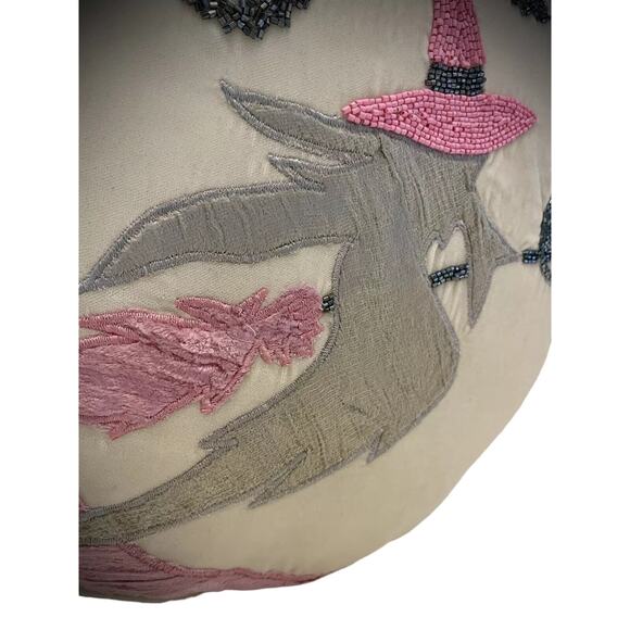 RACHEL ZOE Halloween Flying Witch Pink Moon Round Toss Beaded Pillow 16x6 New - Picture 4 of 10